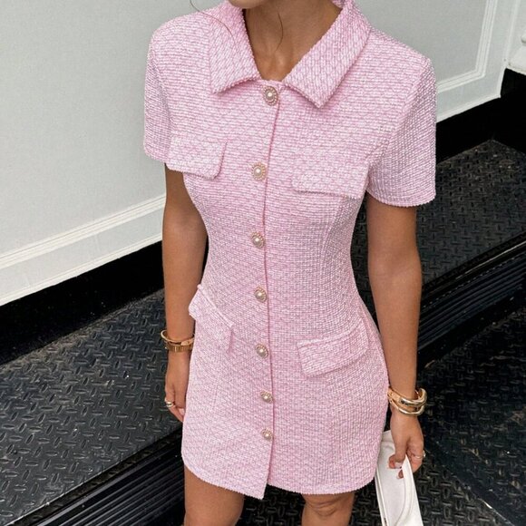 Baby Pink Elegant Women's tweed Short Sleeve Single-Breasted Mini Dress - Picture 7 of 7
